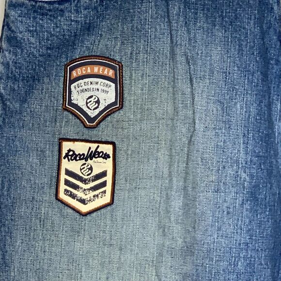 Vtg Rocawear Mens Jeans Blue Baggy Wide Leg Embroidered Patches Y2K‎ 38 x3 3.5 - Picture 3 of 13